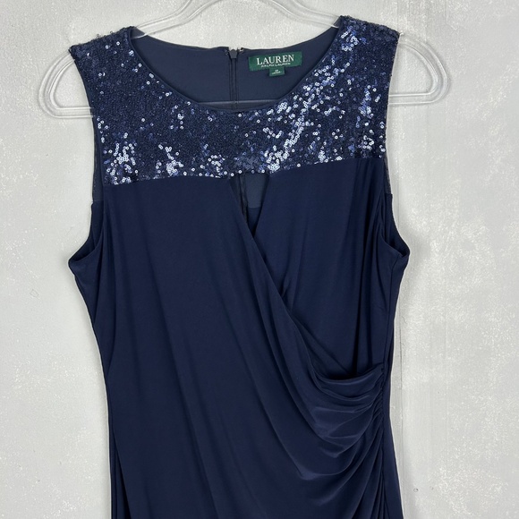 Ralph Lauren size 12 sheath ruched dress navy sequin keyhole stretch knee length - Picture 2 of 11